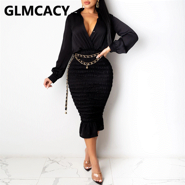 2021 High quality Women sexy Long Sleeve Buttoned Shirring Bodycon Dress  Elegant Evening Party Dresses