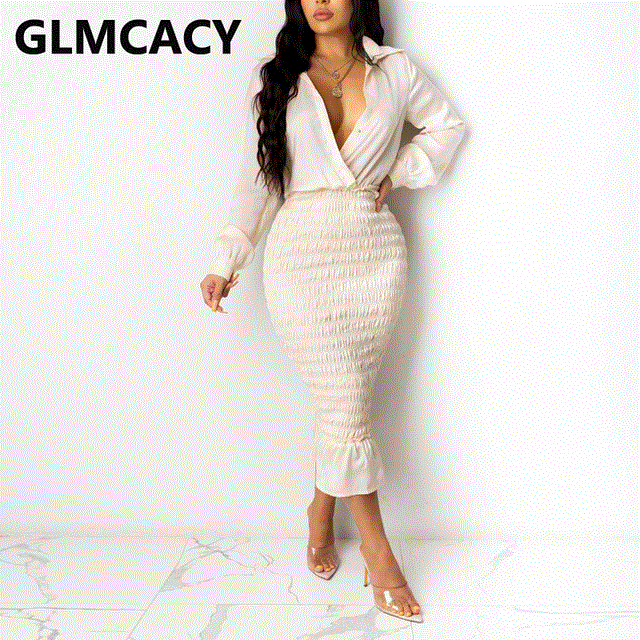 2021 High quality Women sexy Long Sleeve Buttoned Shirring Bodycon Dress  Elegant Evening Party Dresses