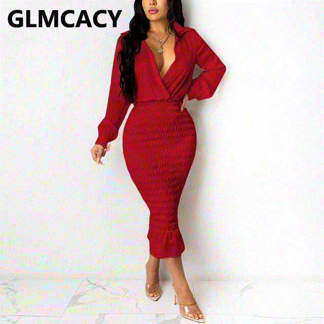 2021 High quality Women sexy Long Sleeve Buttoned Shirring Bodycon Dress  Elegant Evening Party Dresses