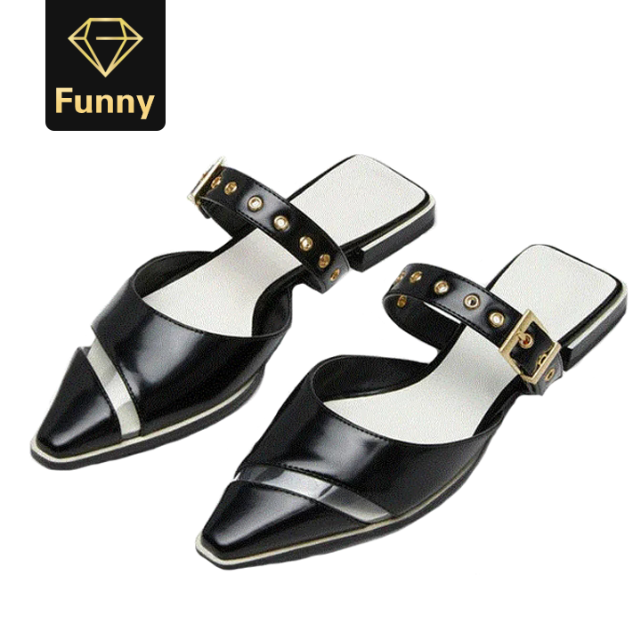 2021 High quality Ladies Metal Square Toe buckle Flat Sandals Women Outdoor Slip On Sandals