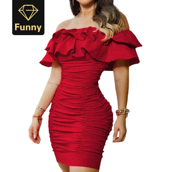 2021 High quality Women Sexy Off Shoulder Ruched Layered Ruffles Short Sleeve Red Mini Party Dress