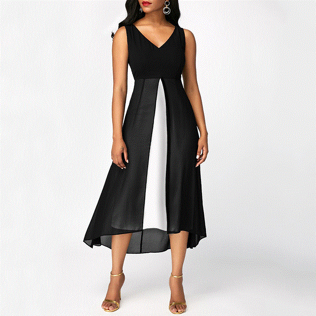 2021 High quality Summer Women Fashion Elegant Deep V-neck Sleeveless Chiffon Hight Waist Dress Slim Lady Casual Dress