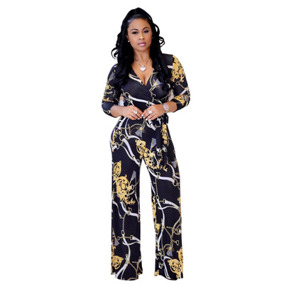 2021 High quality Plus Size Women V-Neck Long Sleeve Jumpsuit Autumn Clubwear Floral Print Party Jumpsuit Trousers