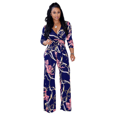 2021 High quality Plus Size Women V-Neck Long Sleeve Jumpsuit Autumn Clubwear Floral Print Party Jumpsuit Trousers