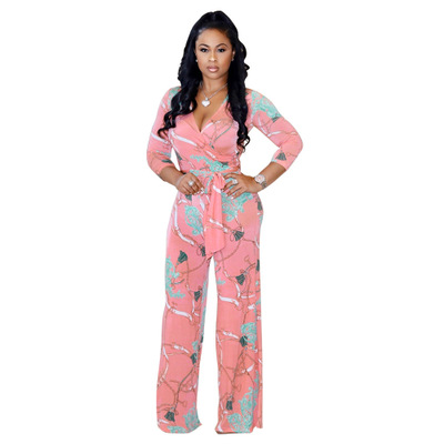 2021 High quality Plus Size Women V-Neck Long Sleeve Jumpsuit Autumn Clubwear Floral Print Party Jumpsuit Trousers
