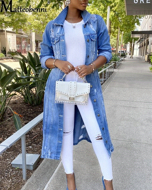 2021 High quality Autumn Winter Women Sexy Ripped Denim Jackets Vintage Casual Long Sleeve Coats Streetwear Plus Size