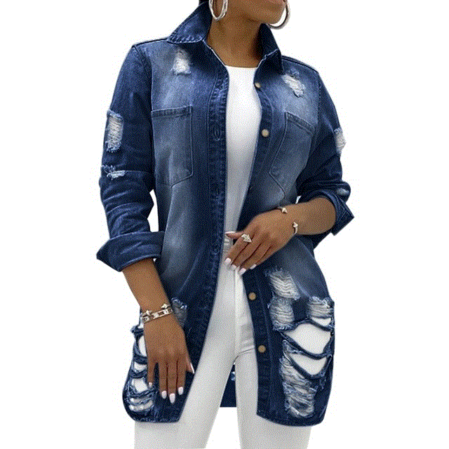 2021 High quality Women Turn-down Collar Jean Jacket Loose Casual Blue Fashionable Women Coats Female Denim Outwear