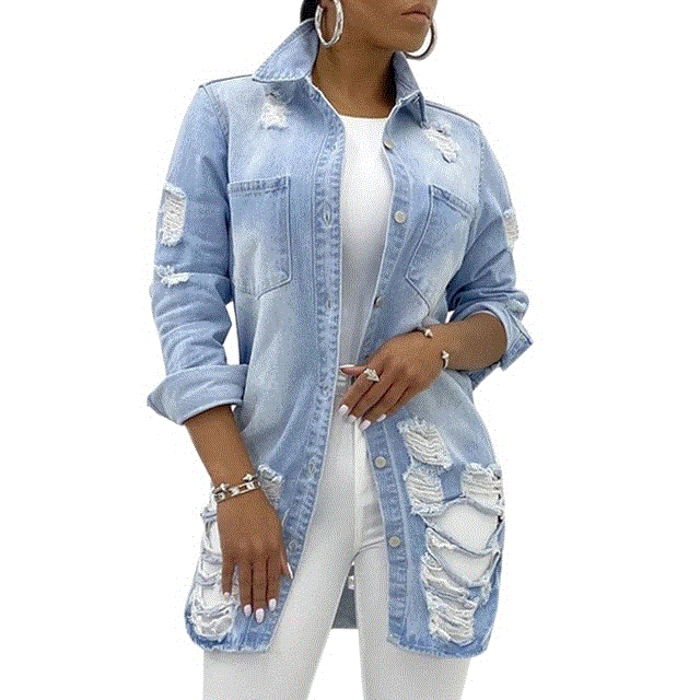 2021 High quality Women Turn-down Collar Jean Jacket Loose Casual Blue Fashionable Women Coats Female Denim Outwear