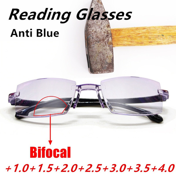 NEW Rimless Bifocal Reading Glasses Anti Blue Lightweight  Glasses Magnification Diamond Cutting