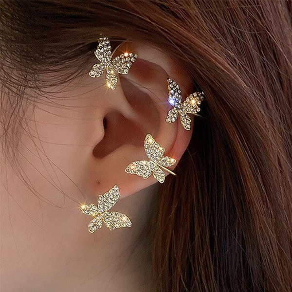 Wrap Around Ear Earrings Adjustable Ear Cuff Earrings for Women Non-Pierced Zircon Butterfly