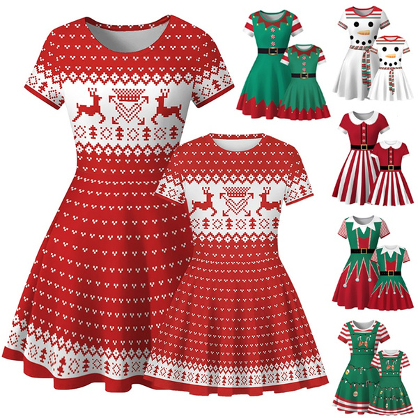 Mommy and Me Ugly Christmas Dress Short Sleeve Snowman Elk Print Holiday Dresses for Xmas
