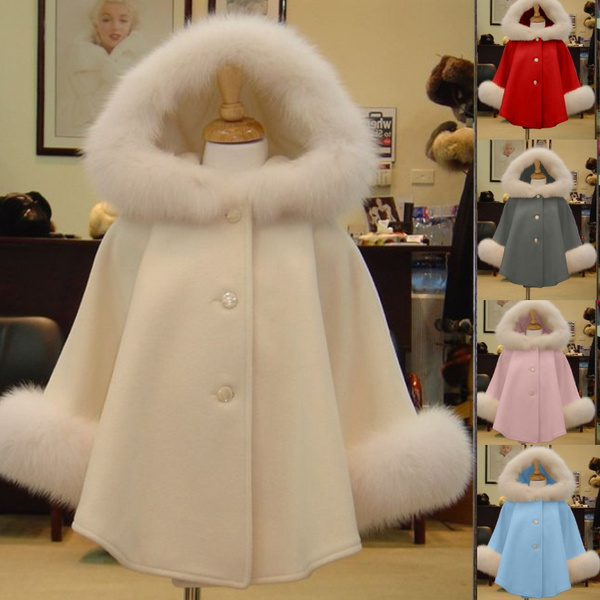 New Fashion 1-5 Years Kids Autumn Winter Cashmere Hooded Coat Long Sleeve Fur Collar Cute Cape Coat Baby Girl Casual A-line Coat Jacket Brea