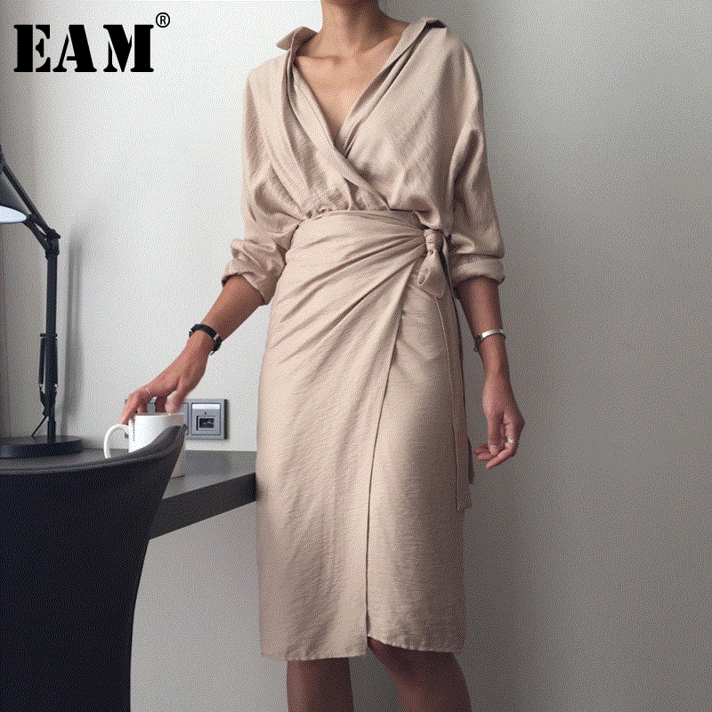 V-Neck Long Sleeve Waist Bandage Loose Big Size Temperament Dress Women Fashion Tide