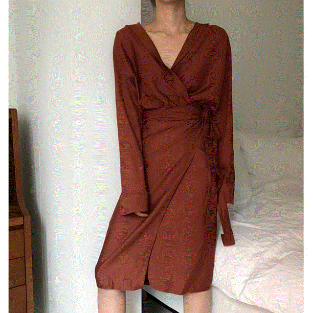 V-Neck Long Sleeve Waist Bandage Loose Big Size Temperament Dress Women Fashion Tide