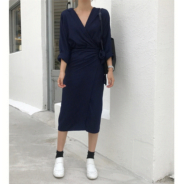 V-Neck Long Sleeve Waist Bandage Loose Big Size Temperament Dress Women Fashion Tide