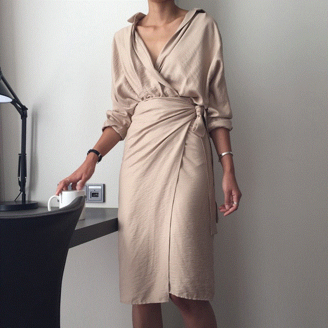 V-Neck Long Sleeve Waist Bandage Loose Big Size Temperament Dress Women Fashion Tide