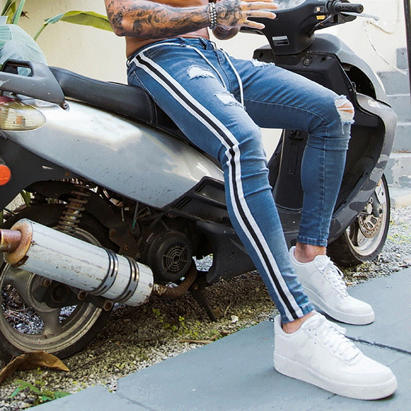 Men Skinny Jeans Frayed Fit Denim Ripped Denim Pants Side Stripe Pencil Pants