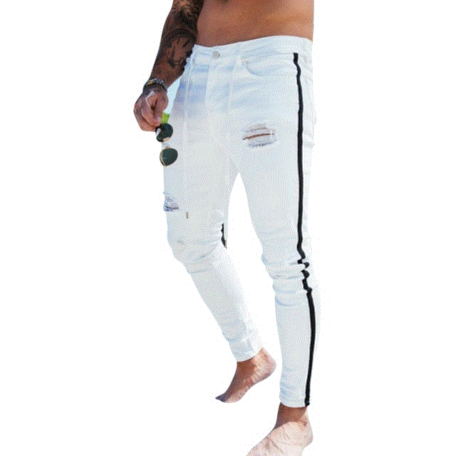 Men Skinny Jeans Frayed Fit Denim Ripped Denim Pants Side Stripe Pencil Pants