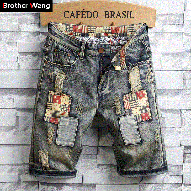 2021 High quality Men's Retro Style Ripped Denim Shorts Summer New  Casual Hole  Jean Shorts