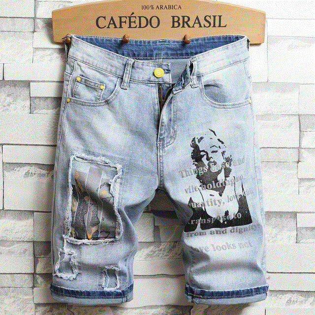 2021 High quality Summer Men's Printed Short Jeans Streetwear Fashion Light Blue Elastic  Shorts