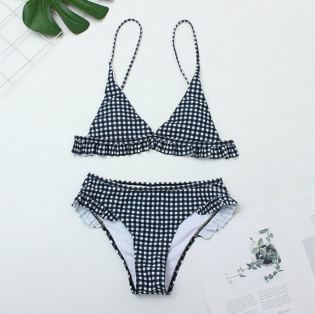 2021 High quality Plaid Sexy Women Bikini Set Push Up Ruffles Swimwear Bikini Hot Sale Bathing Suit Swimming Suit