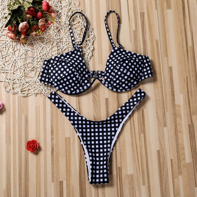 2021 High quality Plaid Sexy Women Bikini Set Push Up Ruffles Swimwear Bikini Hot Sale Bathing Suit Swimming Suit