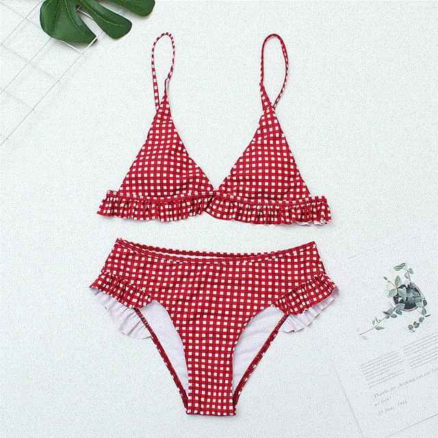2021 High quality Plaid Sexy Women Bikini Set Push Up Ruffles Swimwear Bikini Hot Sale Bathing Suit Swimming Suit