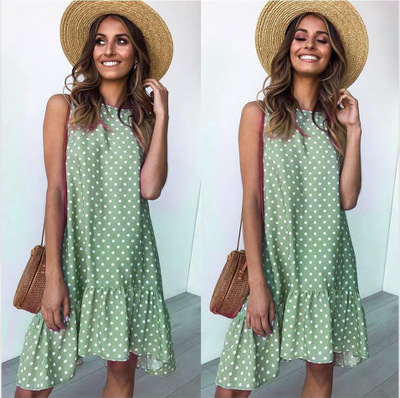 2021 High quality Wave Point Dress Ruffle Women Spring Summer Street Sexy Casual Slim Thin Beach Party  Dress