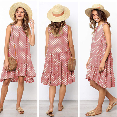 2021 High quality Wave Point Dress Ruffle Women Spring Summer Street Sexy Casual Slim Thin Beach Party  Dress