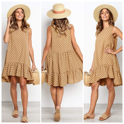 2021 High quality Wave Point Dress Ruffle Women Spring Summer Street Sexy Casual Slim Thin Beach Party  Dress