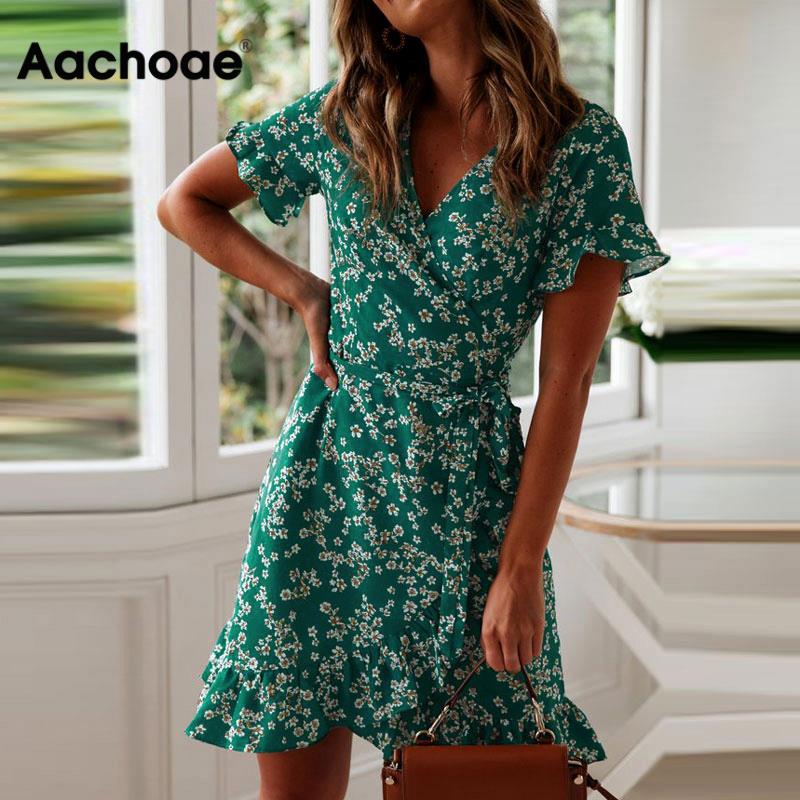 2021 High quality Women Dresses Summer Sexy V Neck Floral Print Boho Beach Dress Ruffle   Line Mini Dress Sundress