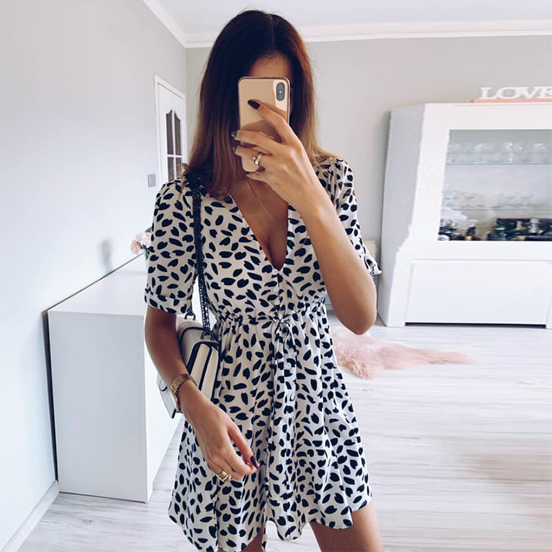 2021 High quality Mini Summer Dresses Women V Neck Casual Beach Sundress Sexy Botton Wrap Bodycon Dress