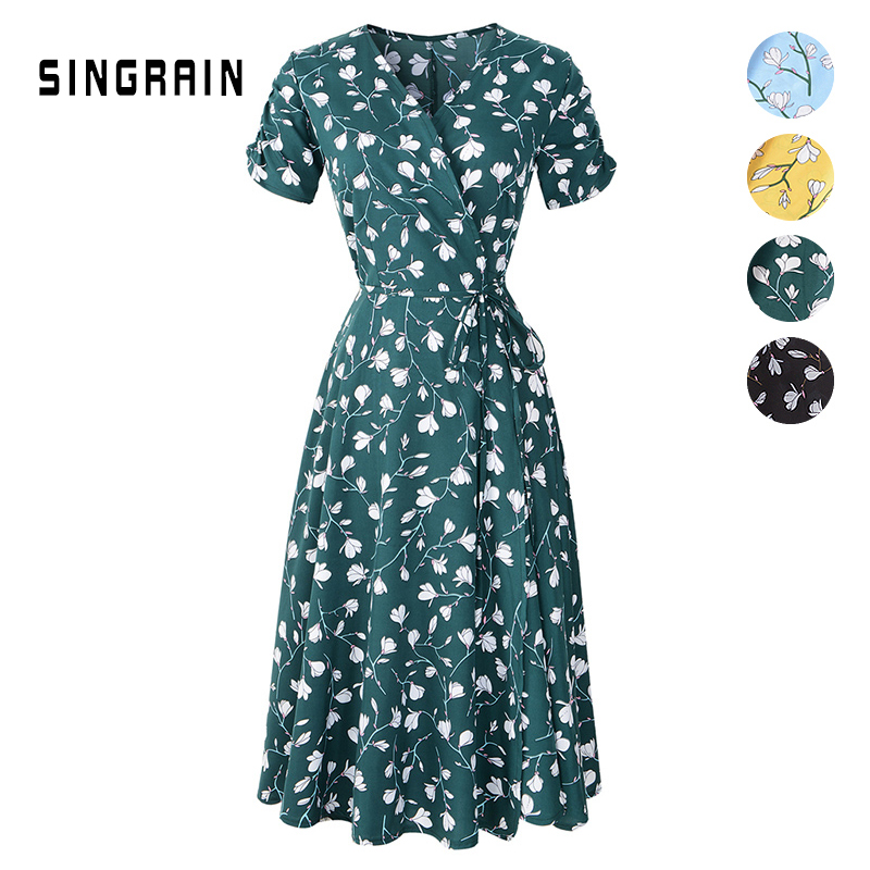 2021 High quality Summer Print Floral Dress Women V Neck Short Sleeves Chiffon Bohemian  Beach  Long Dress