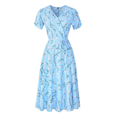 2021 High quality Summer Print Floral Dress Women V Neck Short Sleeves Chiffon Bohemian  Beach  Long Dress