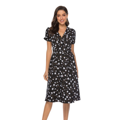 2021 High quality Summer Print Floral Dress Women V Neck Short Sleeves Chiffon Bohemian  Beach  Long Dress