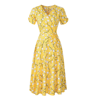 2021 High quality Summer Print Floral Dress Women V Neck Short Sleeves Chiffon Bohemian  Beach  Long Dress