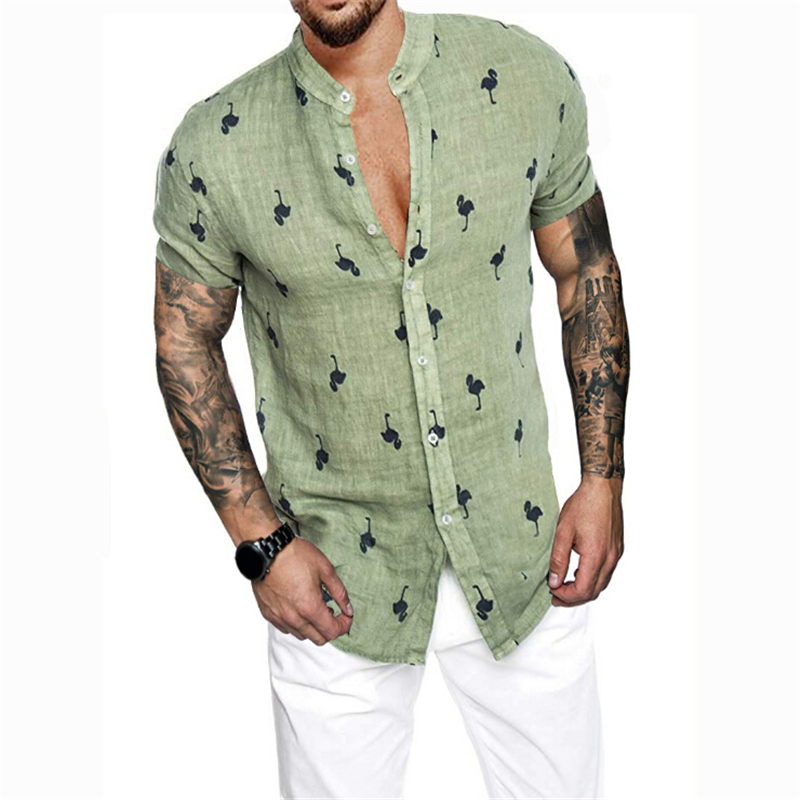 2021 High quality Summer Mens Printed Short Sleeve Shirts Tops Man Slim Fit Button Front Shirts Birds Pattern Print