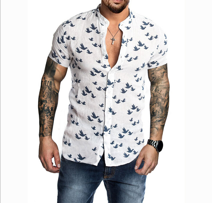 2021 High quality Summer Mens Printed Short Sleeve Shirts Tops Man Slim Fit Button Front Shirts Birds Pattern Print