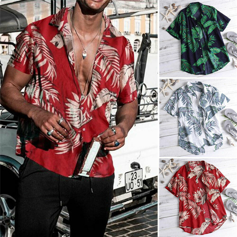 2021 High quality New Men Vintage Shirts Summer Leaf Print Beach Wear Shirts Men Casual Sexy Slim Fit Shirts Top