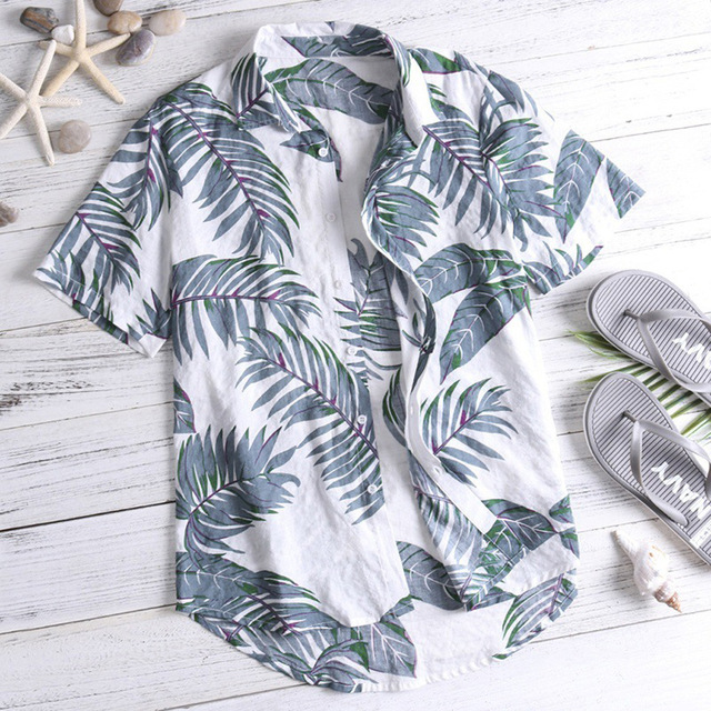2021 High quality New Men Vintage Shirts Summer Leaf Print Beach Wear Shirts Men Casual Sexy Slim Fit Shirts Top