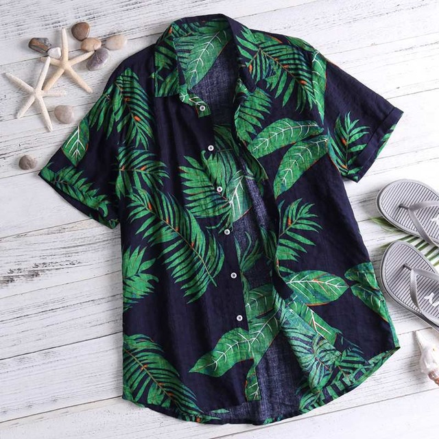 2021 High quality New Men Vintage Shirts Summer Leaf Print Beach Wear Shirts Men Casual Sexy Slim Fit Shirts Top