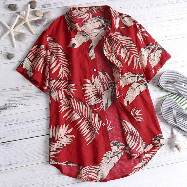 2021 High quality New Men Vintage Shirts Summer Leaf Print Beach Wear Shirts Men Casual Sexy Slim Fit Shirts Top