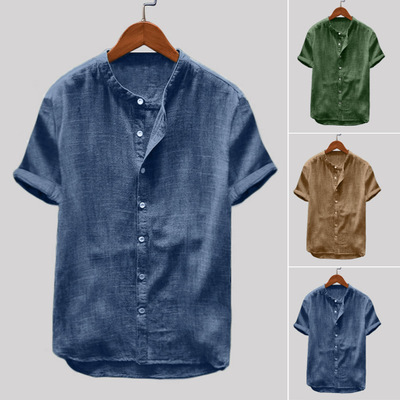 2021 High quality Summer Men Wear New Style Japanese-style Flax Short Sleeve Tops  Linen Two-button V-neck Large Size