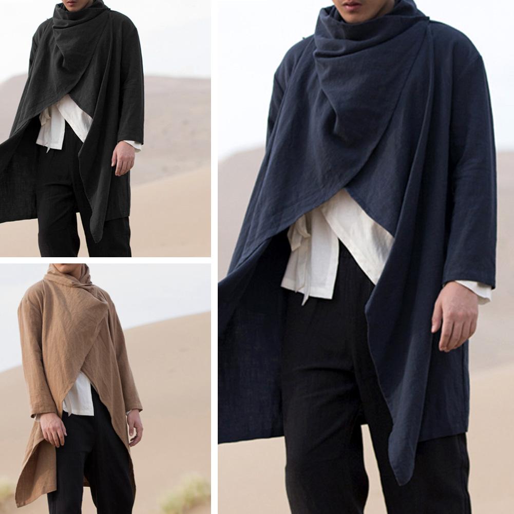 2021 High quality Hot Sale Men Coats Long Sleeve Scarf Collar Trench Ponchos Cotton Outwear Vintage Irregular Jackets