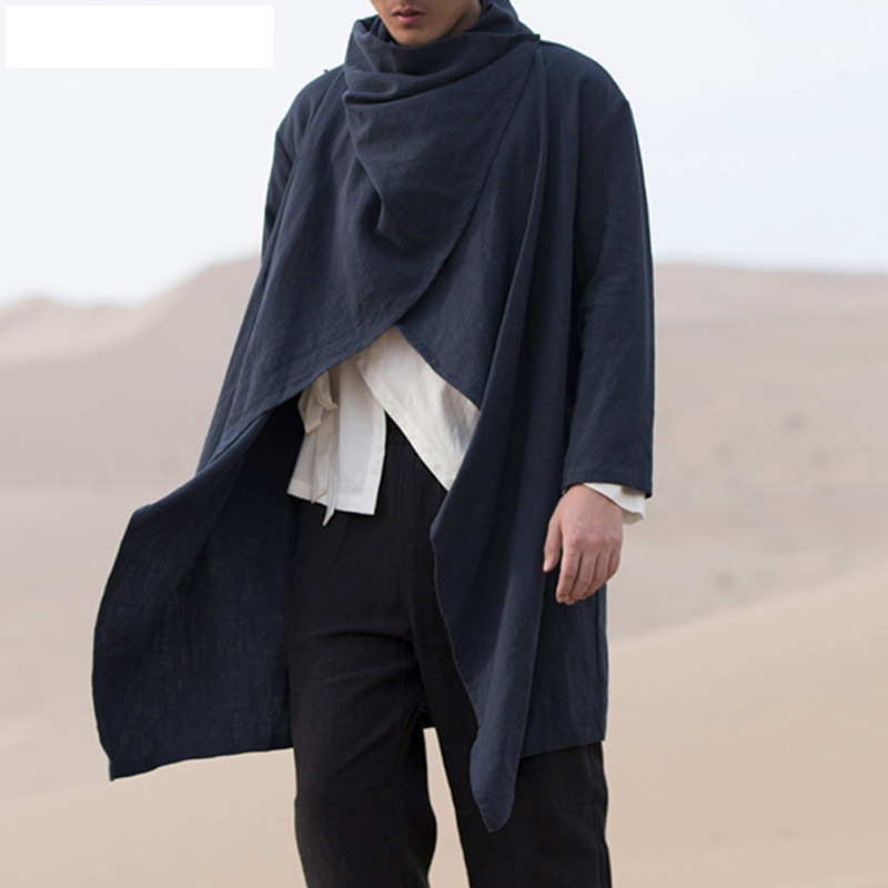 2021 High quality Hot Sale Men Coats Long Sleeve Scarf Collar Trench Ponchos Cotton Outwear Vintage Irregular Jackets
