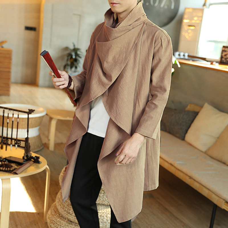 2021 High quality Hot Sale Men Coats Long Sleeve Scarf Collar Trench Ponchos Cotton Outwear Vintage Irregular Jackets