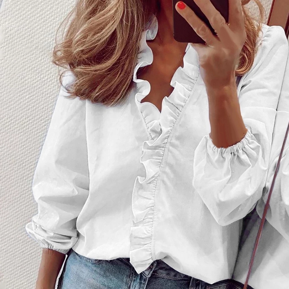 2021 High quality   Black FridayWomen's Blouse Ruffle Frill Shirt Tops Ladies Casual Office WorkCasual Shirts