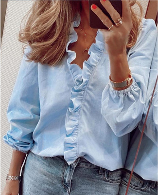 2021 High quality   Black FridayWomen's Blouse Ruffle Frill Shirt Tops Ladies Casual Office WorkCasual Shirts