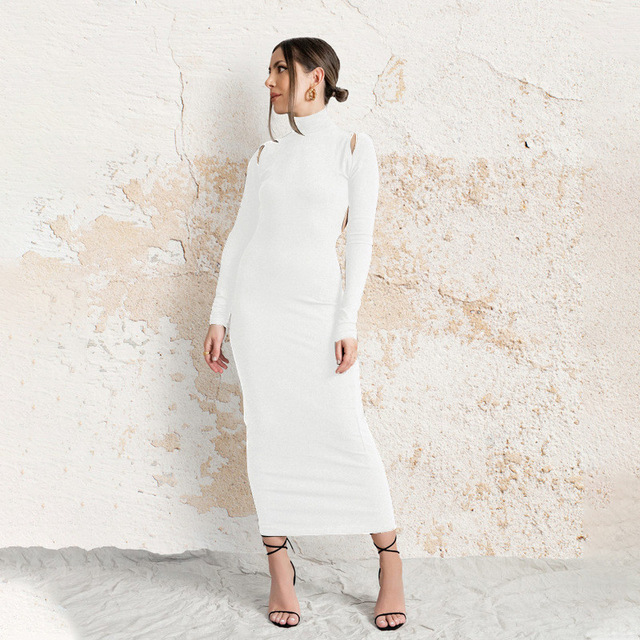 2021 High quality Long Derss Women Sexy Club Hllow Out O Neck Long Sleeve Skinny Solid Bodycon