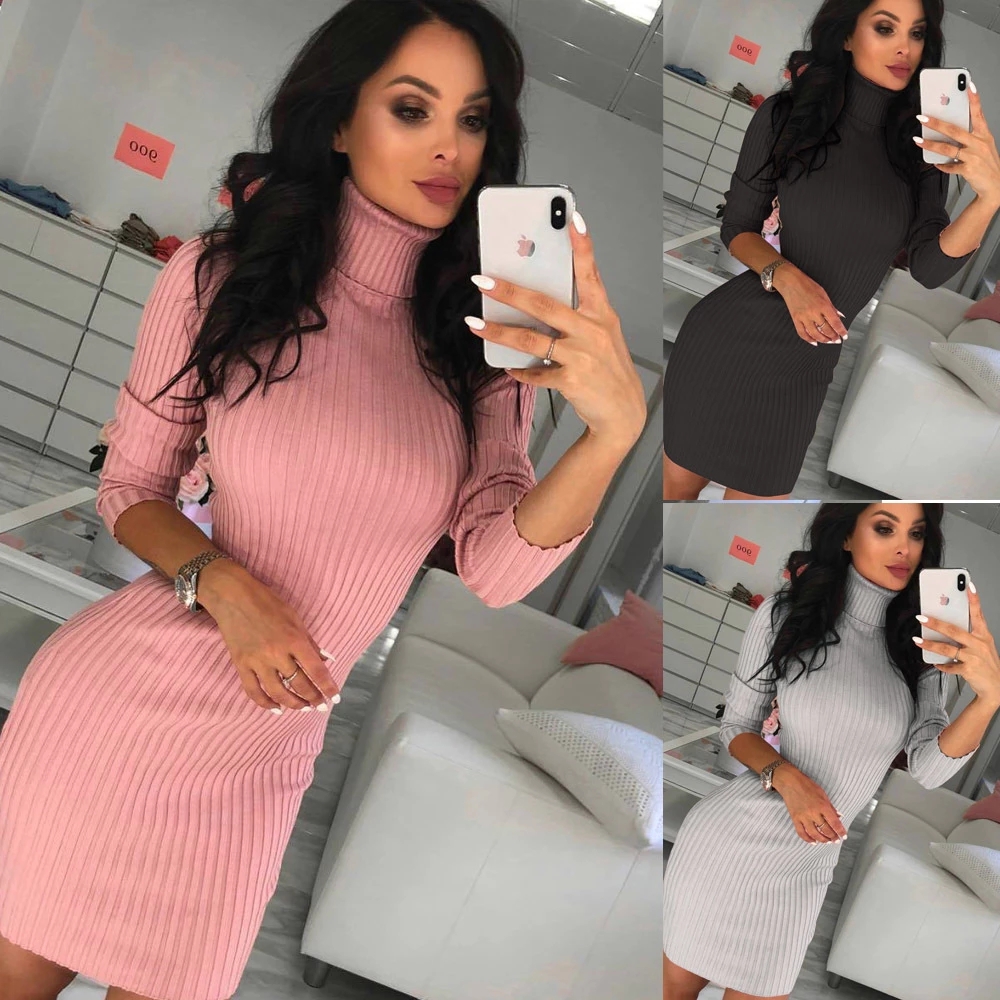 2021 High qualitySexy Turtleneck Sweater Dress Women Solid Long Sleeve New Autumn  Dresses Fashion